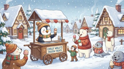  Penguin Ice Cream Cart in Cozy Winter Village