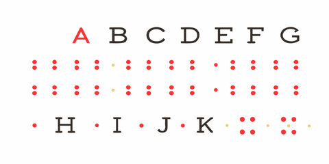 Red letters and corresponding dot patterns resembling braille or visual code © krishna