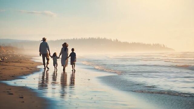 A serene family stroll along the beach at sunset, creating beautiful memories. The misty atmosphere adds to the peaceful ambiance of this picturesque seaside scene.