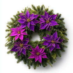 christmas wreath made of lush green pine branches, vibrant purple poinsettia with elegant golden-edged petals 