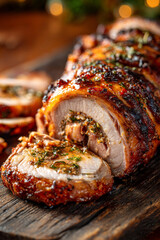 tender pork leg stuffed , juicy texture, golden roasted exterior, sliced to reveal the filling