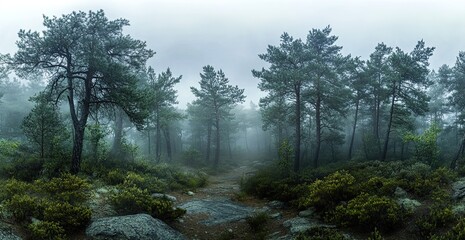 Misty forest with tall pine trees and a rocky path leading into the foggy distance