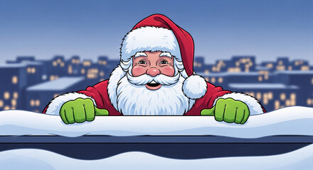 Cartoon image of a character with red hat and white beard smiling and leaning on snowy surface, representing holiday spirit and celebration