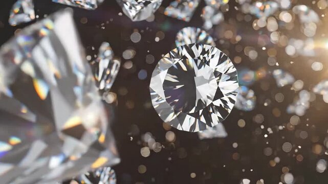Brilliant cut diamonds shine against a dark background, conveying luxury and elegance.