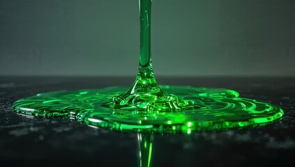Vibrant green liquid flowing on dark surface closeup  glossy fluorescent fluid texture, modern abstract concept