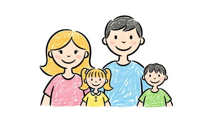 Hand Drawn Family Portrait Mom Dad Daughter and Son Smiling Together