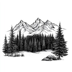 Fototapeta premium Black-and-white illustration of snow-capped mountains with dense pine forest and rocky foreground