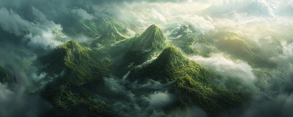 Dramatic green mountain landscape with swirling mist and clouds enhancing depth and mystery