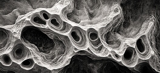 Highly magnified grayscale view of hollow, tube-like biological structures in a web-like pattern