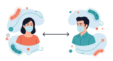 Man and woman wearing protective face masks and maintaining social distance to prevent the spread of virus particles in a safe manner.