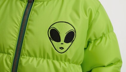 Green puffer jacket with alien face embroidery patch, closeup detail of trendy outerwear, futuristic fashion statement