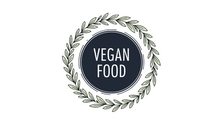 Vegan Food stamp logo with a dark circular background and a laurel wreath made of green leaves for labeling plant based products.