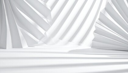 Pure white abstract background featuring delicate folded geometric patterns creating a modern minimalistic pedestal for product presentation with dramatic shadow stripes