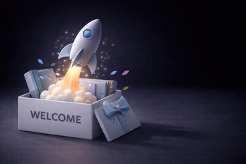Minimalist 3D Rocket Icon Taking Off from Welcome Box with Low Key Lighting for Fast Track Onboarding Solutions