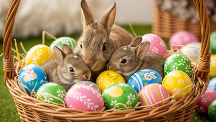 Cute rabbits play with colorful Easter eggs in a basket during a springtime celebration in a garden