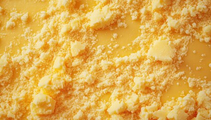 Close-up of yellow dessert surface with crumb topping, possibly lemon bar or cheesecake