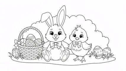 Coloring scene with a bunny and chick near an egg basket in a garden setting during spring season