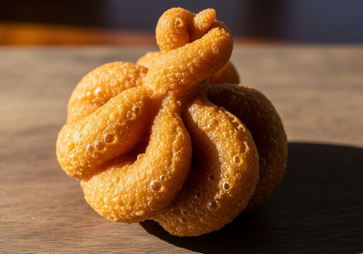 Whimsical Fried Dough Pastry Shaped Like a Flower on a Rustic Wooden Surface, Close-up, Appetizing Food Photography