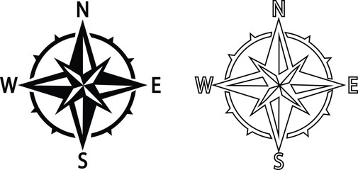 Set of compass navigation icons, collection of direction and orientation symbols, group of flat line vector illustrations, add compass rose, bearing, route, travel guide, black icon