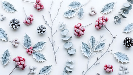 Winter Holiday Flat Lay Pattern with Frozen Red Berries Pinecones and Frosted Leaves
