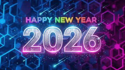 Happy new year 2026 futuristic technology theme