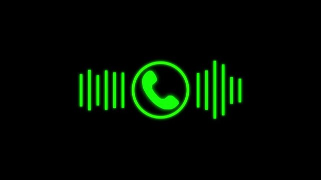 call recording visual effect with audio spectrum animation on alpha background, green and red glowing squares with phone icon for two-person conversation, audio waveform