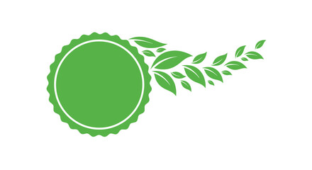 Green circular emblem with a flowing trail of leaves represents organic products and environmental sustainability in a clean logo style.