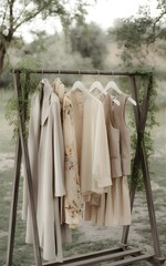 An illustration of a rustic wooden clothing rack with neutral-toned garments. The clothing rack is set against a softly blurred natural outdoor background with trees and greenery.