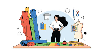 Fashion designer stands in her studio surrounded by colorful rolls of fabric and tailoring tools illustrating the creative process.