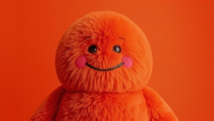 Cute orange plush toy with smiling face, furry texture, cheerful expression, pink cheeks, and vibrant monochrome background