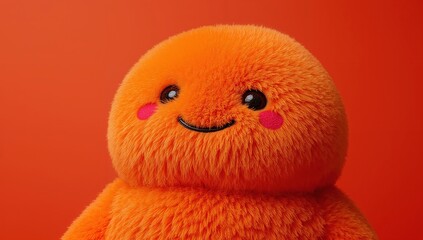 Adorable fluffy orange plush toy with smiling face and pink cheeks on vibrant orange background