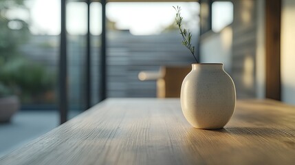 Soft-lit minimalist scene of a small beige ceramic vase with a thin branch on a wooden table, with a blurred modern indoor-outdoor background