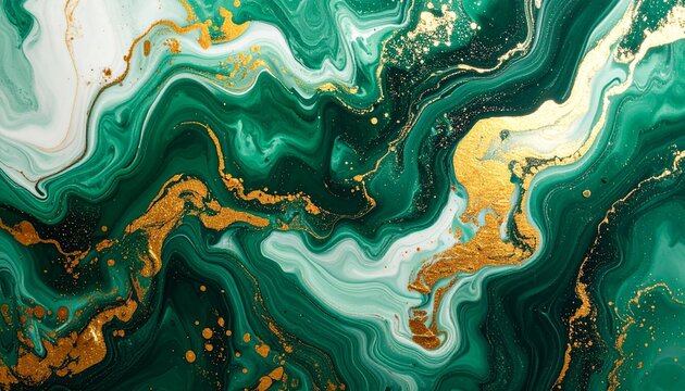 Luxurious emerald green marble abstract texture with golden glitter veins and white liquid flow elegant artistic background