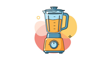 Modern electric blender filled with a healthy orange fruit smoothie on an abstract background with colorful circles.