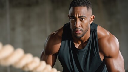 A Black man channels his energy into an intense sports training session, gripping heavy ropes and pushing his limits in a gritty urban gym. Sweat glistens as he aims for peak performance