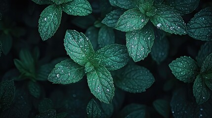 Moody dark-toned close-up of mint leaves covered in water droplets, creating a dramatic and elegant natural composition