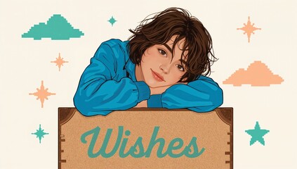 Thoughtful girl in blue sweater leaning on wishes board with retro pixel art clouds and stars background