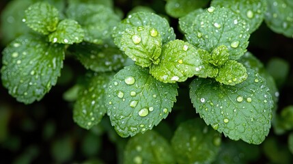 Detailed view of fresh mint leaves with water beads, highlighting the delicate texture and vibrant green color in soft light
