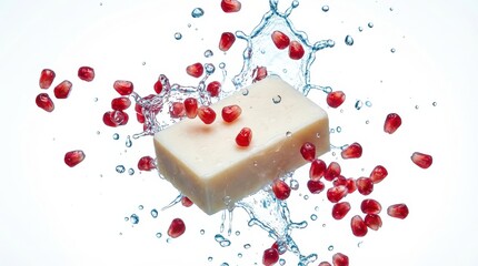 Natural soap bar with splashing water and pomegranate seeds
