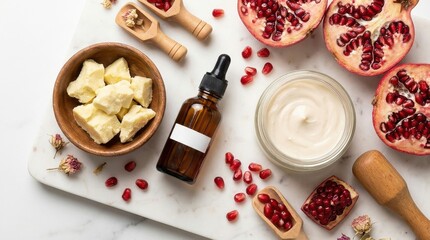 Natural skincare ingredients with pomegranate oil and shea butter