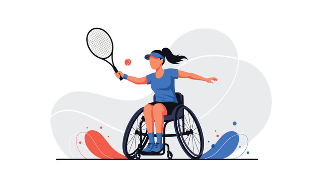 Determined female tennis player in a sports wheelchair hitting a tennis ball with a racket during a professional match.