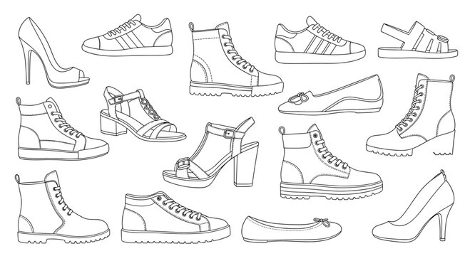 Detailed set of black and white line drawings showcasing various types of shoes ranging from high heels to sturdy boots.
