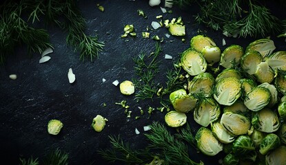 Scattered Brussels sprout halves, fresh dill fronds, and small white flower petals on a dramatic dark background, creating a moody and artistic food composition