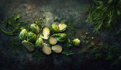  Fresh Brussels sprouts with parsley and dill arranged on dark textured surface, highlighting natural ingredients