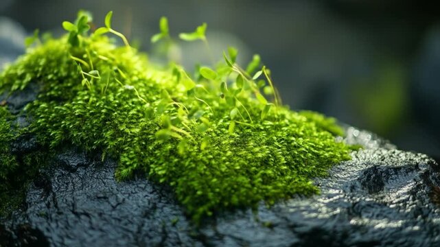 Close up of lush green moss growing on a dark textured rock surface