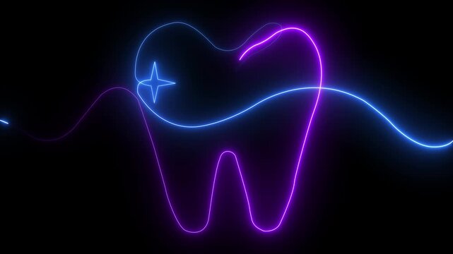 Glowing neon Tooth and teeth smile health dental dentistry icon on black background. 4k motion video animation.