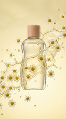 Organic chamomile oil bottle with splashing liquid and flowers