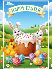 Bunnies and a chicken celebrate Easter with colorful eggs and a decorated cake in a bright green field on a sunny day