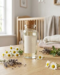 Natural baby oil bottle with chamomile and lavender in nursery