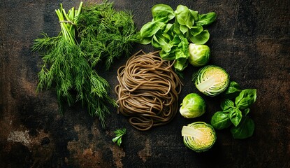  Rustic arrangement of fresh green vegetables and brown pasta on dark textured surface, emphasizing natural ingredients